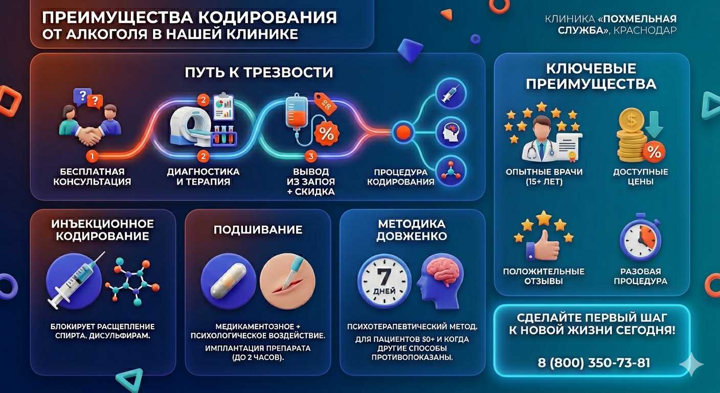 Инфографика о методах кодирования от алкоголя в Белоярском: инъекции, подшивание, метод Довженко. Преимущества клиники и этапы лечения.