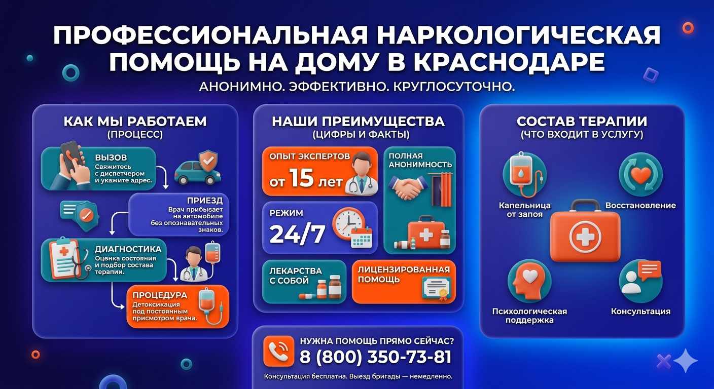 Инфографика о принципах лечения алкоголизма на дому в Белоярском: этапы вызова нарколога, преимущества анонимной детоксикации и состав медицинской помощи.